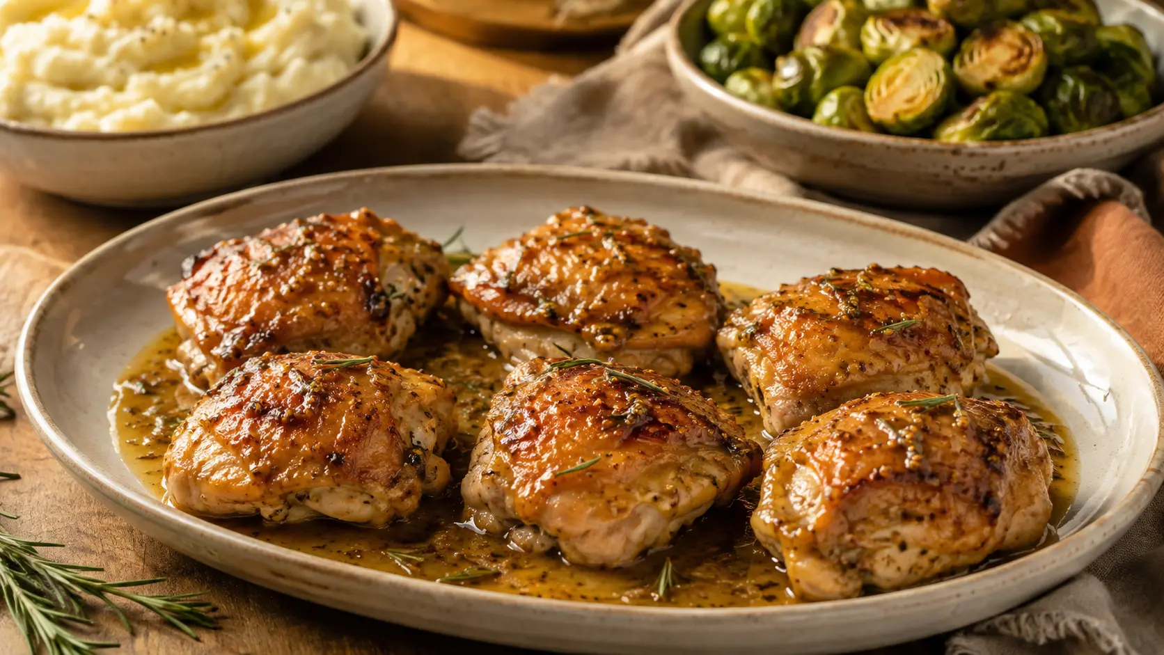 Six golden Maple-Dijon chicken thighs with rosemary and pan juices on a serving platter