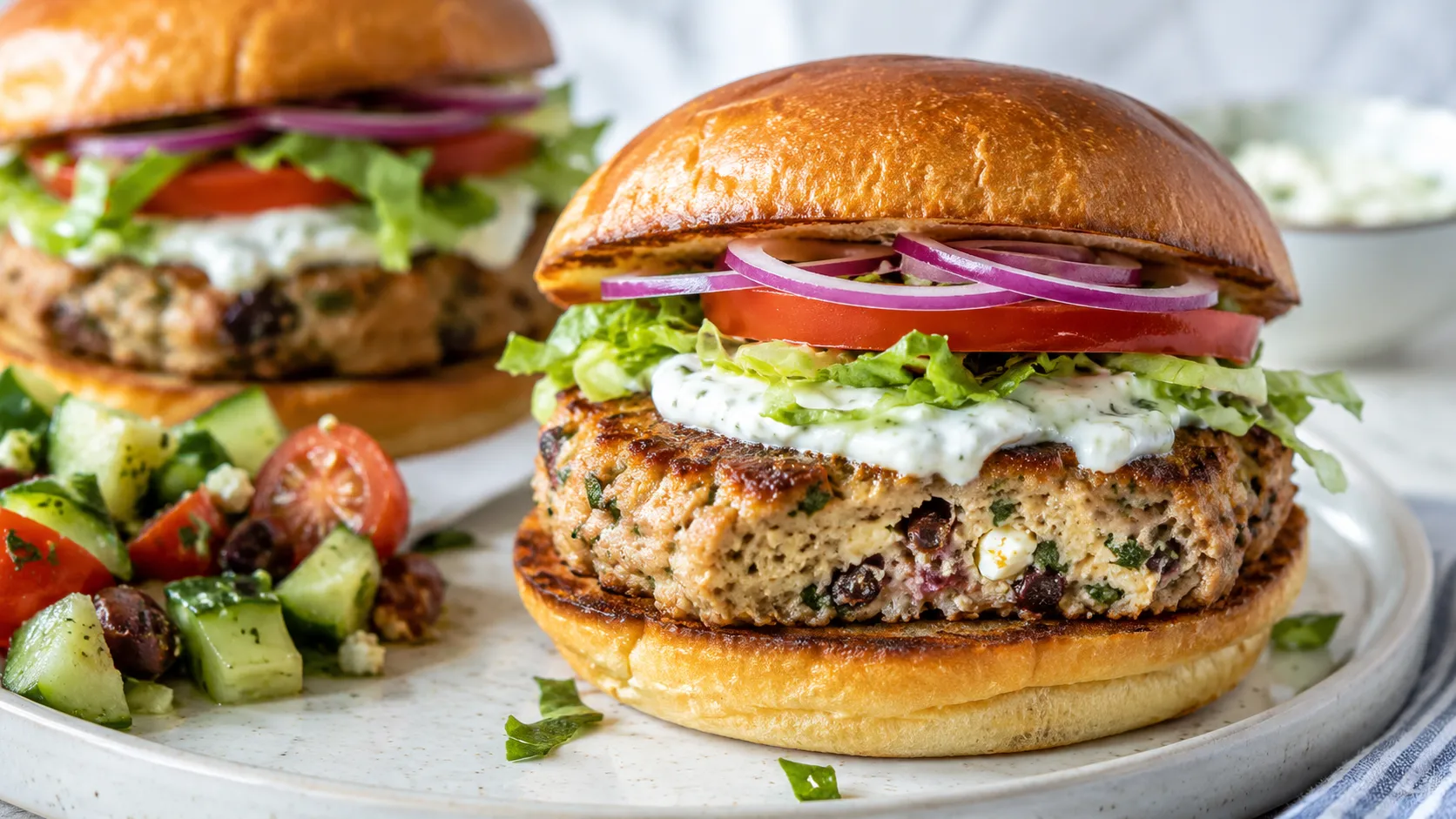 Mediterranean turkey burgers with feta and olives topped with tzatziki, romaine, tomato, and red onion on toasted buns.
