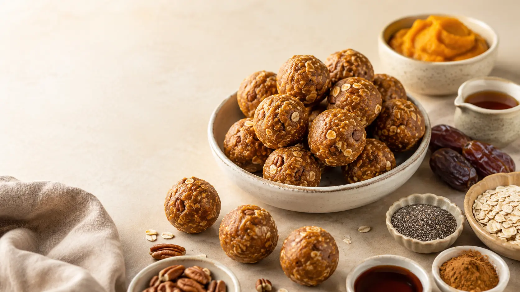 No-bake pumpkin-spice energy balls with dates, oats, pecans, and pumpkin purée in a cream bowl