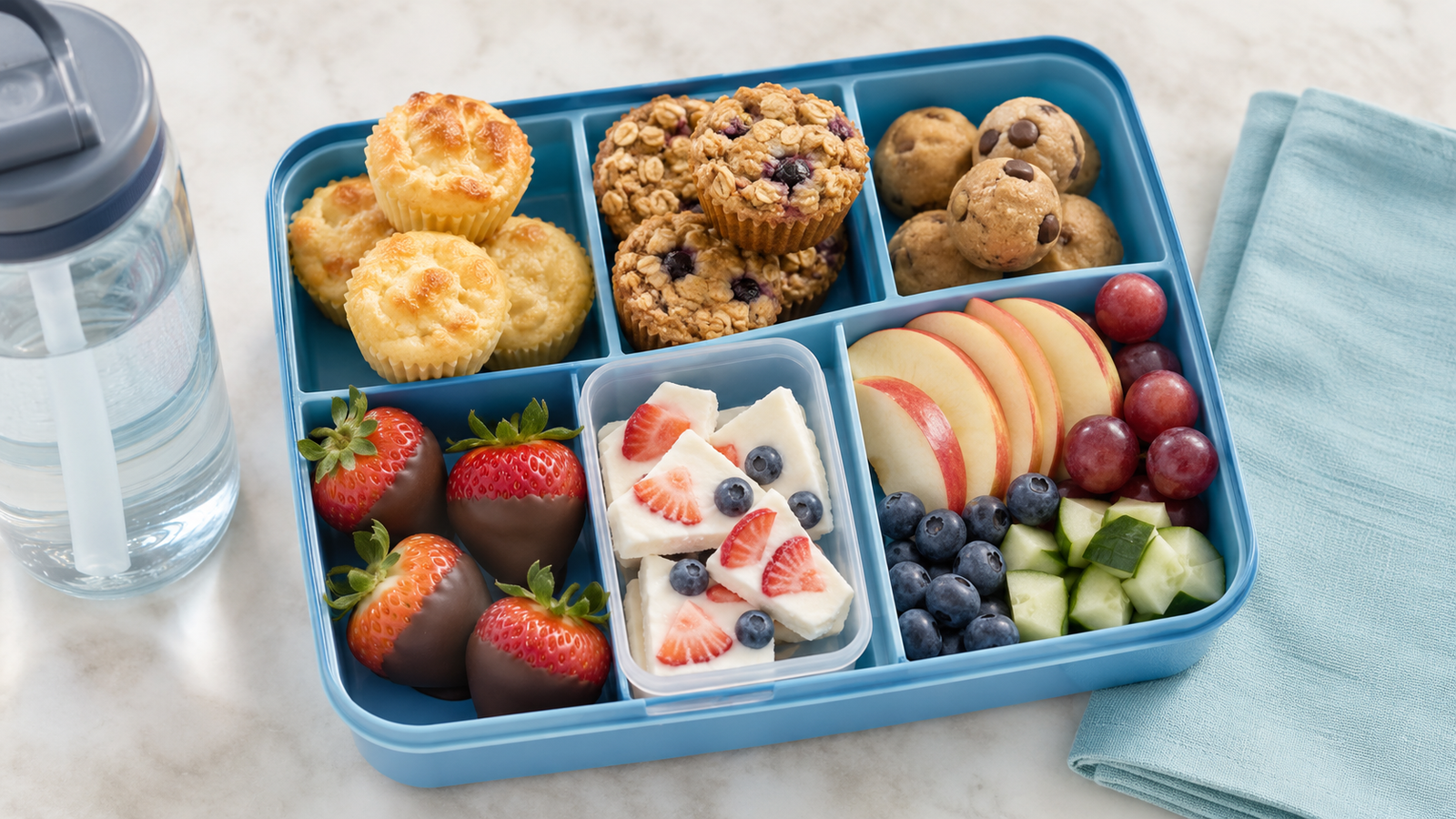Nut-free school lunchbox with cottage cheese muffins, baked oatmeal cups, cookie dough bites, chocolate-dipped strawberries, frozen yogurt bark, fresh fruit, and cucumber.