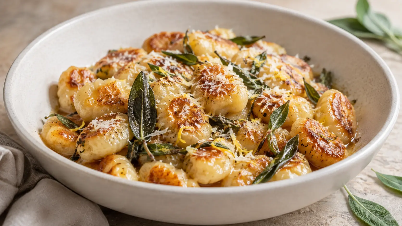 Pan-fried gnocchi with brown butter, crispy sage leaves, Parmesan, and lemon zest