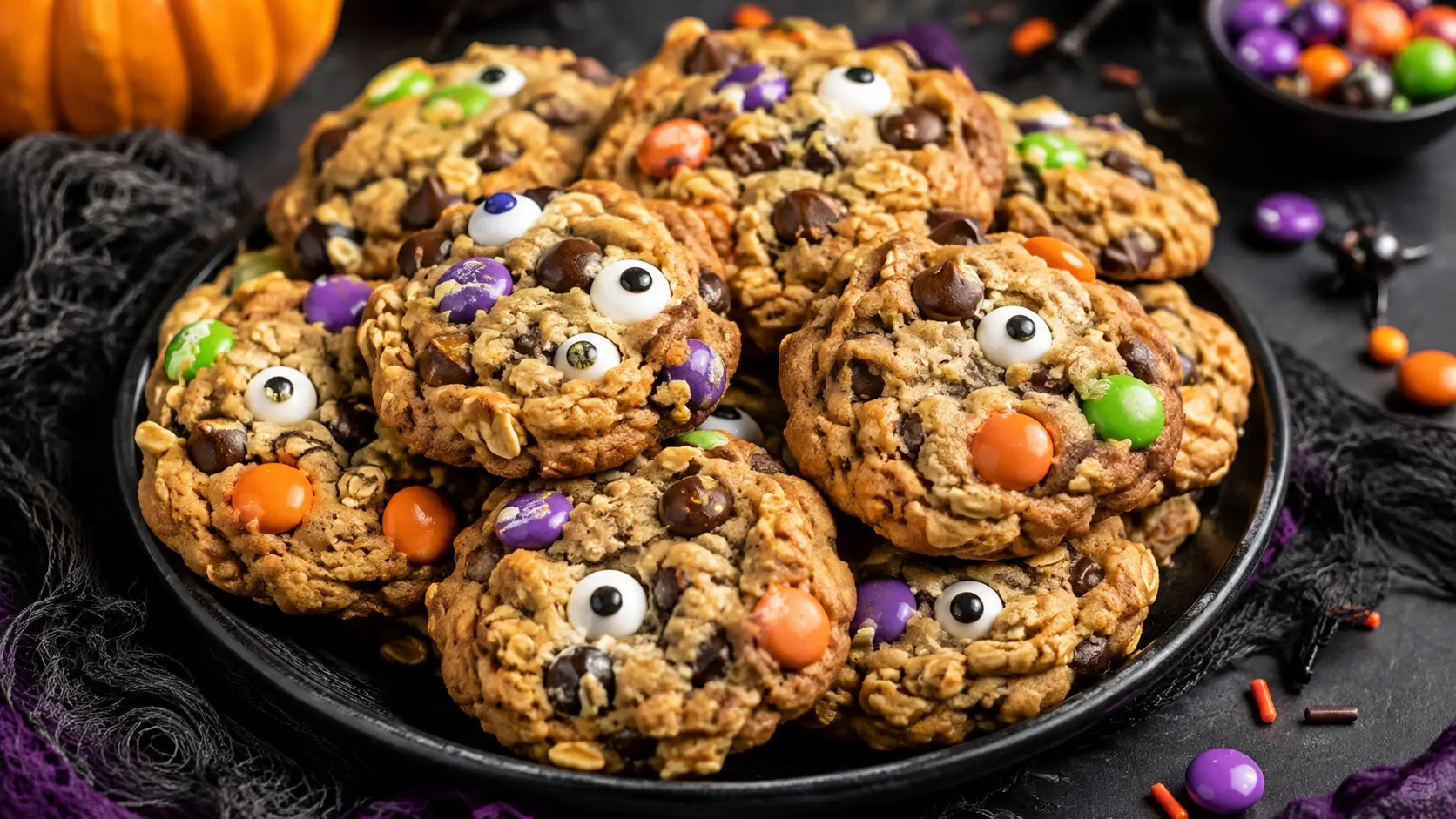 Soft and Chewy Halloween Monster Cookies arranged on a festive black plate with colorful candy and candy eyes