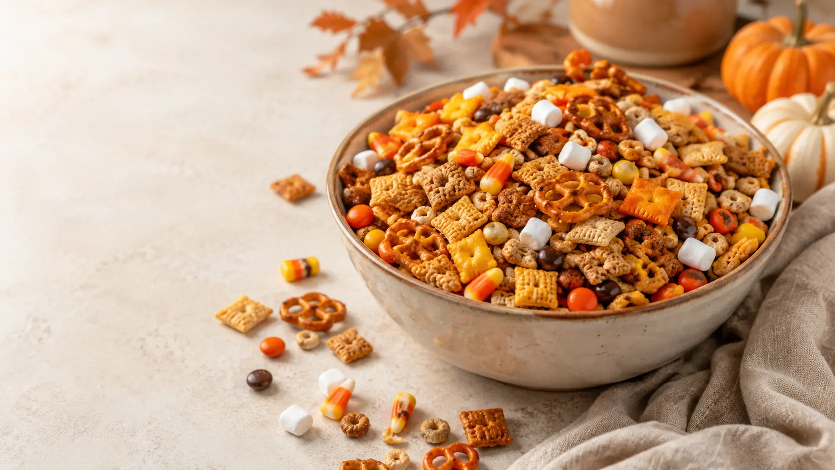 Sweet-and-salty fall snack mix with cereal, pretzels, cheddar crackers, candy corn, marshmallows, and Reese’s Pieces in a serving bowl
