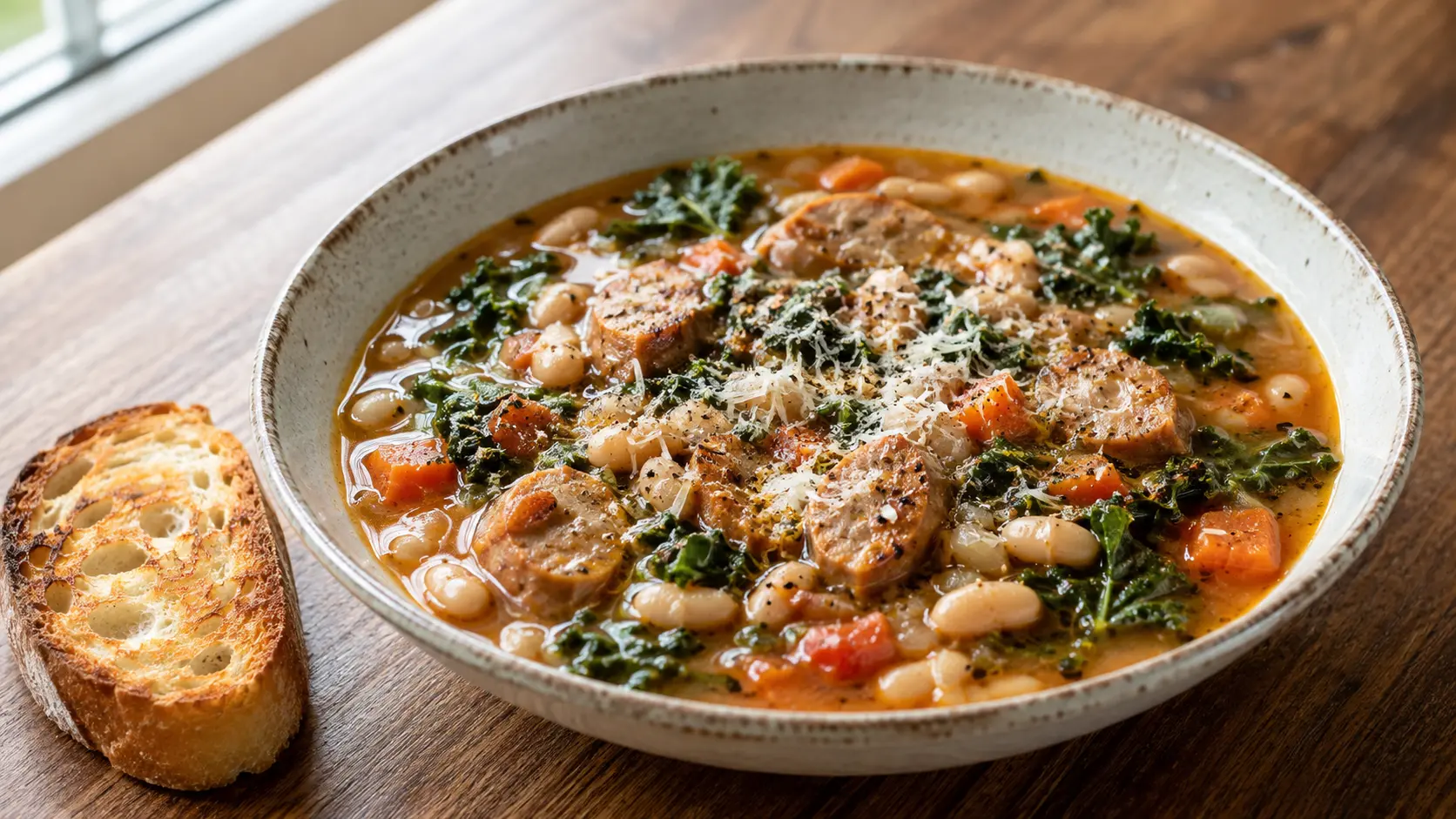 Tuscan white-bean soup with chicken sausage, cannellini beans, kale, carrots, Parmesan, and crusty bread