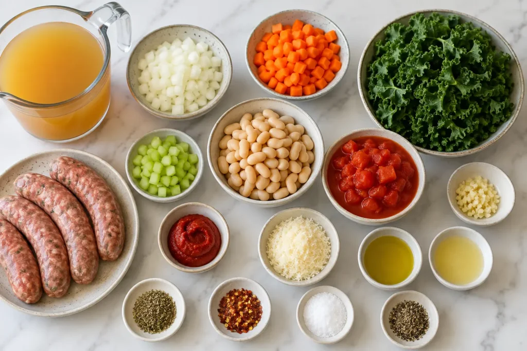 Ingredients for Tuscan white-bean soup including chicken sausage, cannellini beans, kale, vegetables, broth, tomatoes, and Parmesan