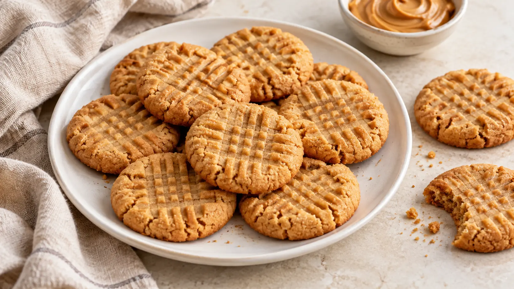 3-ingredient peanut butter cookies with golden edges and classic crisscross fork marks on a white plate.