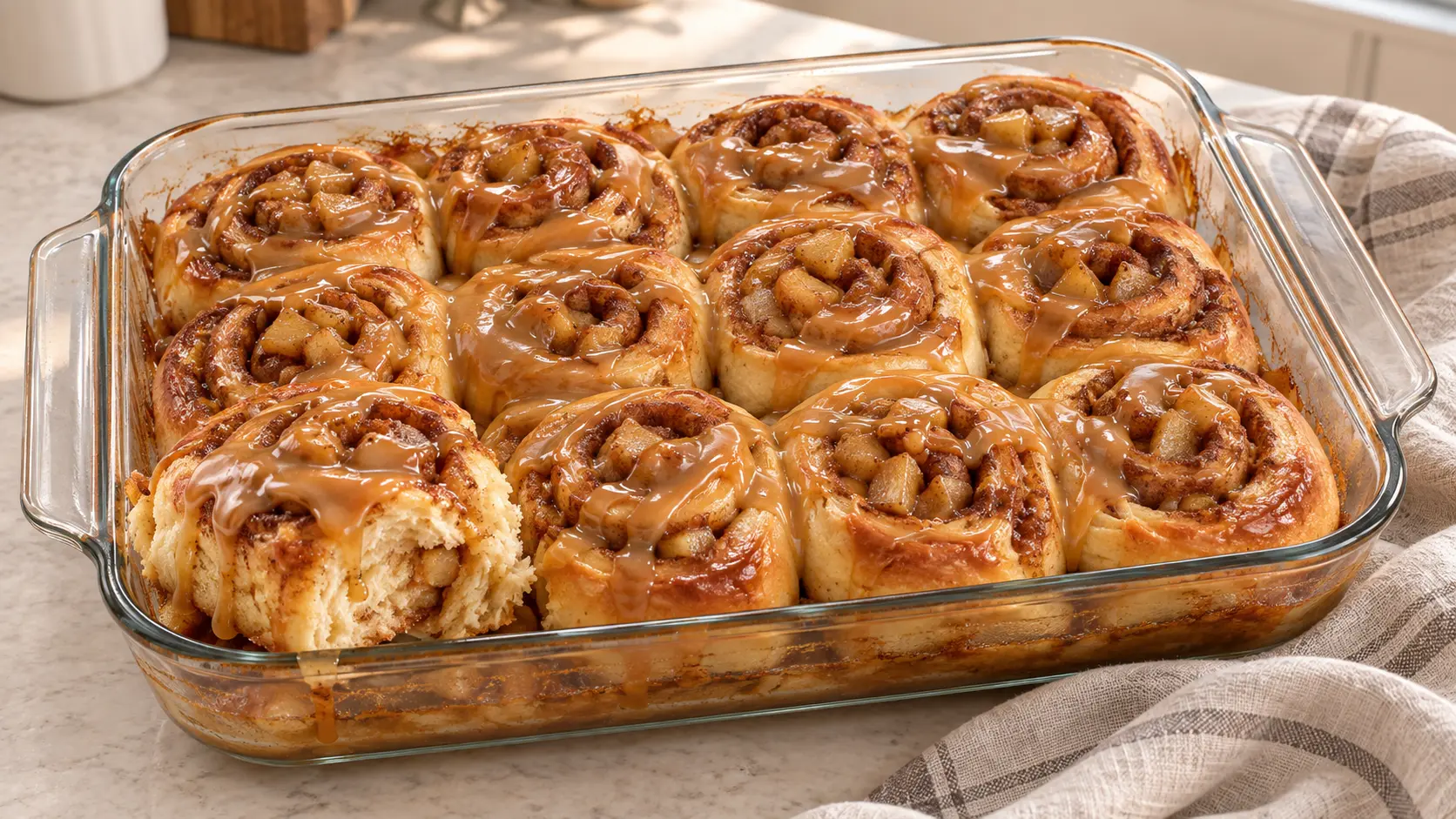 Apple Pie Cinnamon Rolls topped with icing and filled with spiced apples and cinnamon sugar