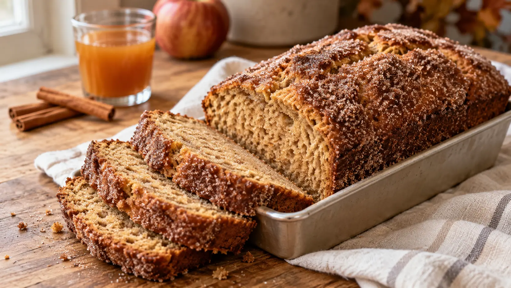 Sliced Apple Cider Donut Bread with a moist spiced crumb and cinnamon-sugar coating.