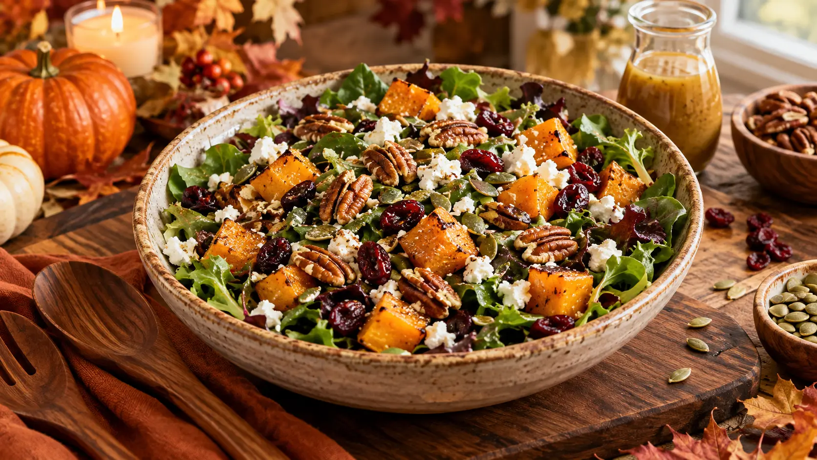 Autumn Harvest Salad with roasted butternut squash, mixed greens, dried cranberries, toasted pecans, goat cheese, and maple mustard dressing