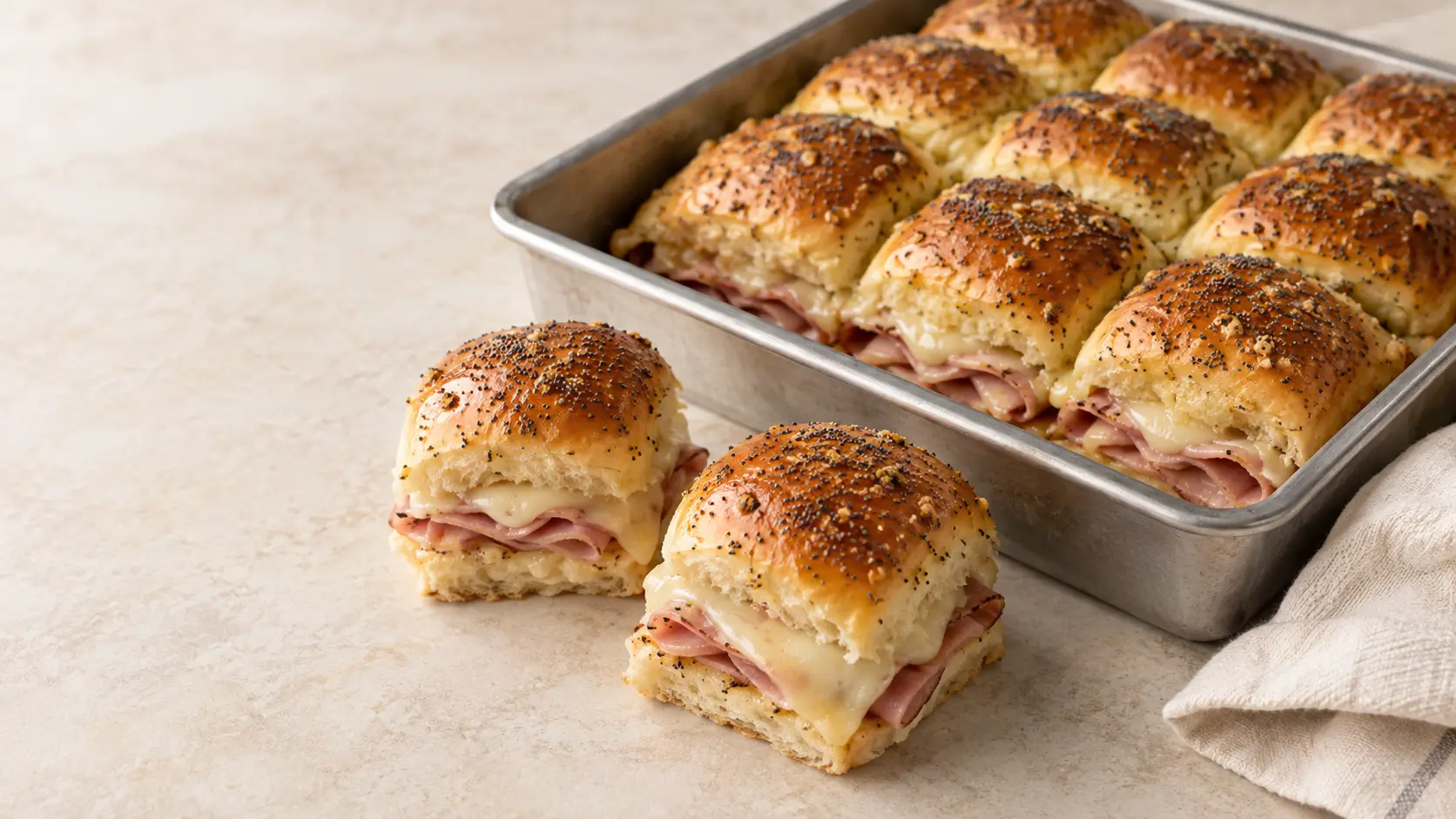 Golden baked ham and cheese sliders filled with Black Forest ham and melted Swiss cheese in a square baking pan.