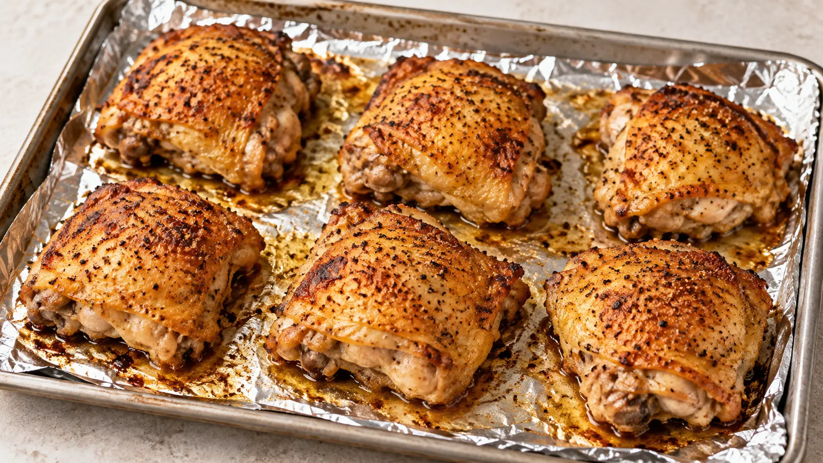 Six golden-brown baked lemon pepper chicken thighs on a foil-lined baking sheet.