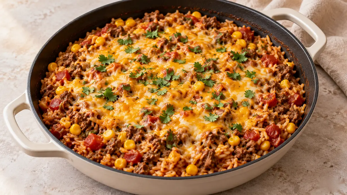 Beef Taco Rice Skillet with seasoned ground beef, tender tomato rice, fire-roasted corn, and melted Colby Jack cheese.