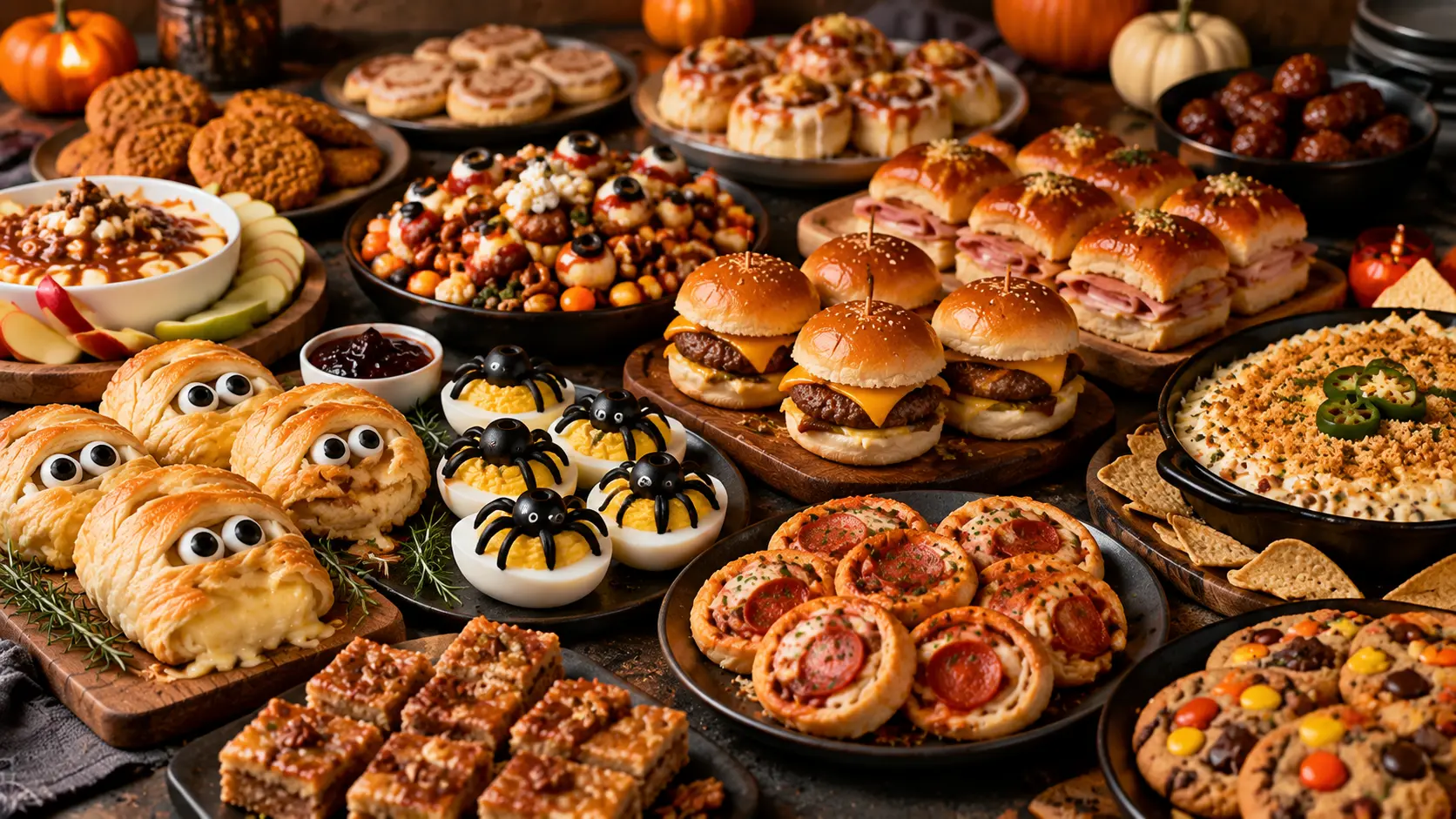 A festive Halloween snack table featuring mummy pastries, spider deviled eggs, eyeball meatballs, sliders, pizza rolls, cookies, dips, and fall treats for kids, school parties, and movie nights