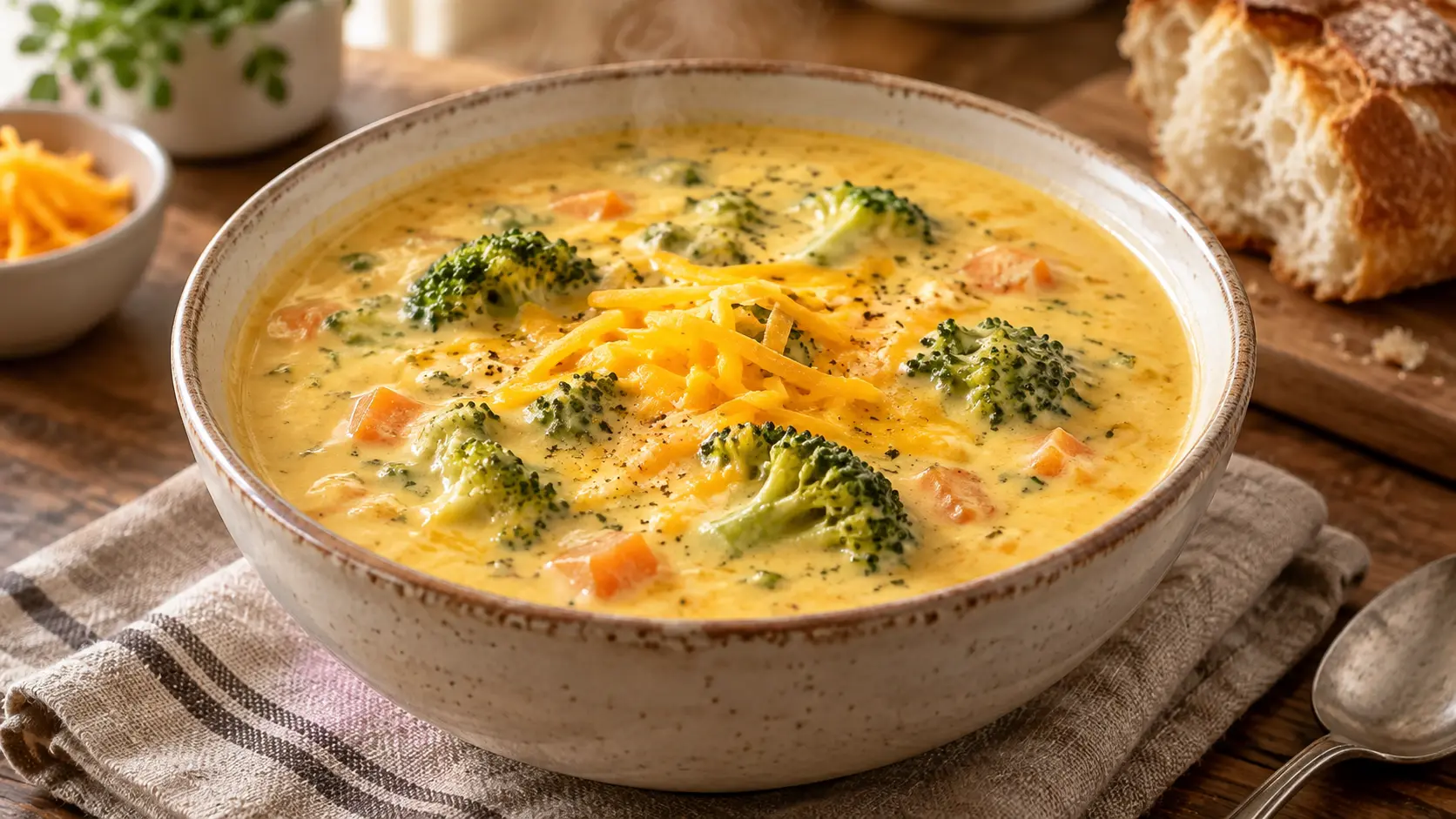 Creamy broccoli cheddar soup with tender broccoli, carrots, and shredded cheddar in a ceramic bowl.