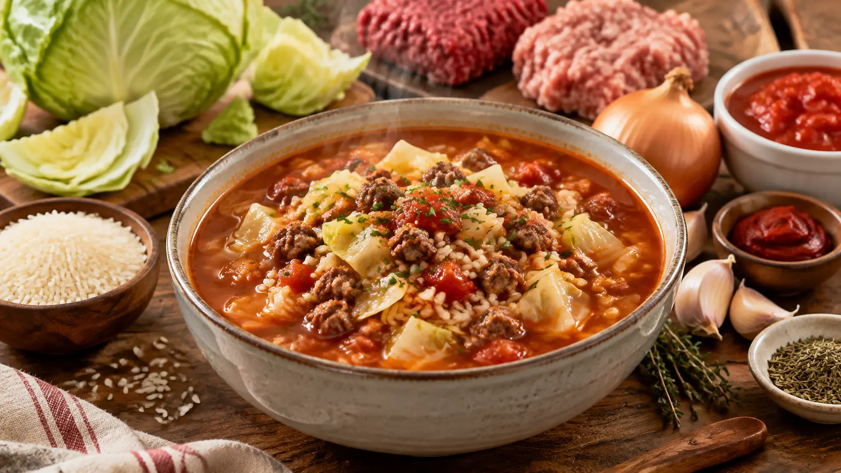 A bowl of homemade cabbage roll soup with tender cabbage, ground beef, pork, rice, and rich tomato broth served with fresh ingredients on a kitchen table