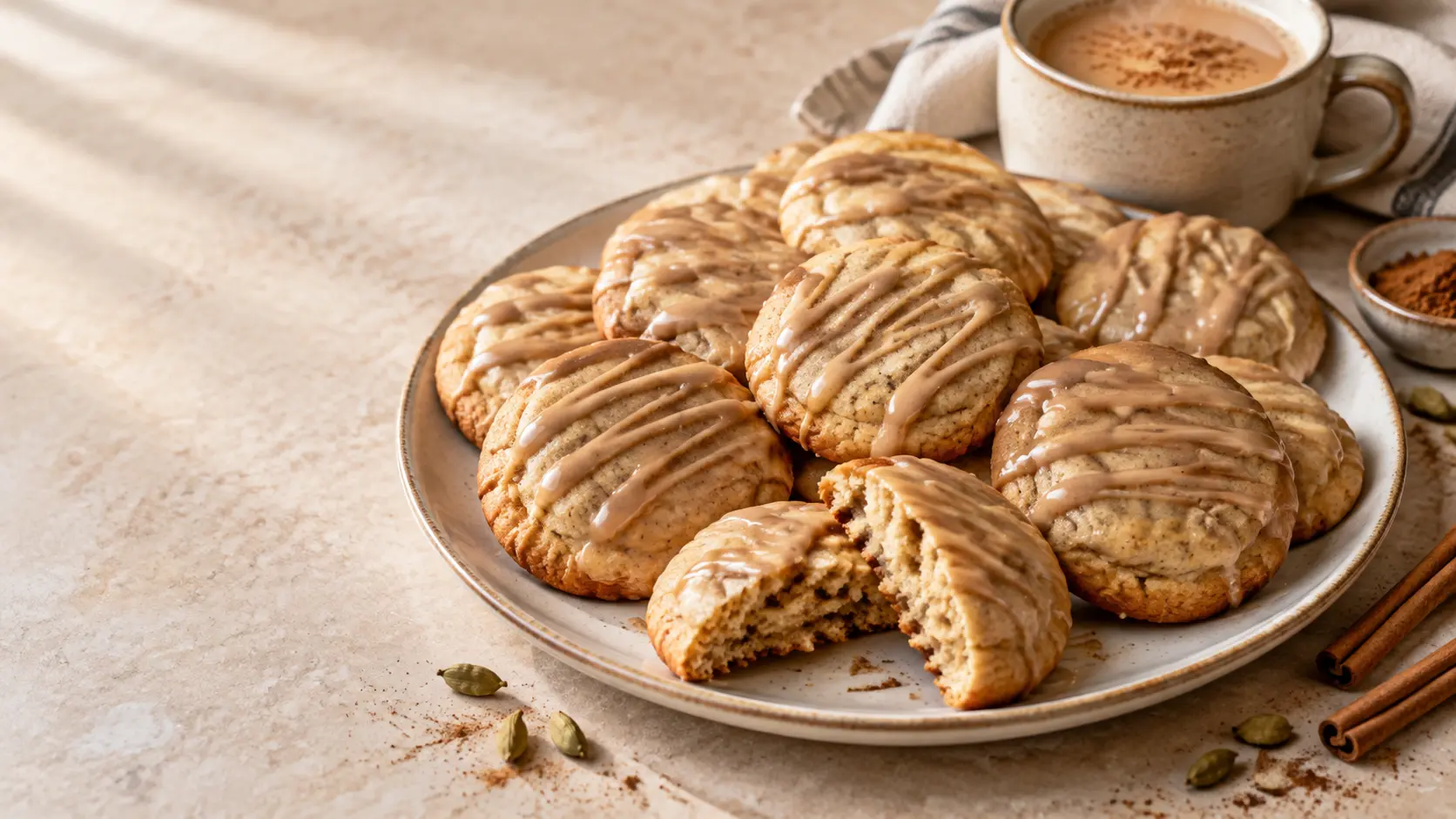 Soft chai spice sugar cookies with lightly golden edges and espresso glaze served beside a warm cup of chai.