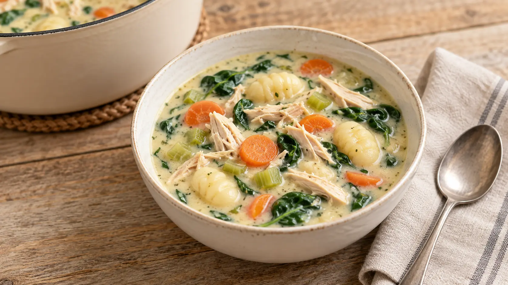 Creamy chicken gnocchi soup with tender chicken, potato gnocchi, carrots, celery, and spinach in a ceramic bowl.