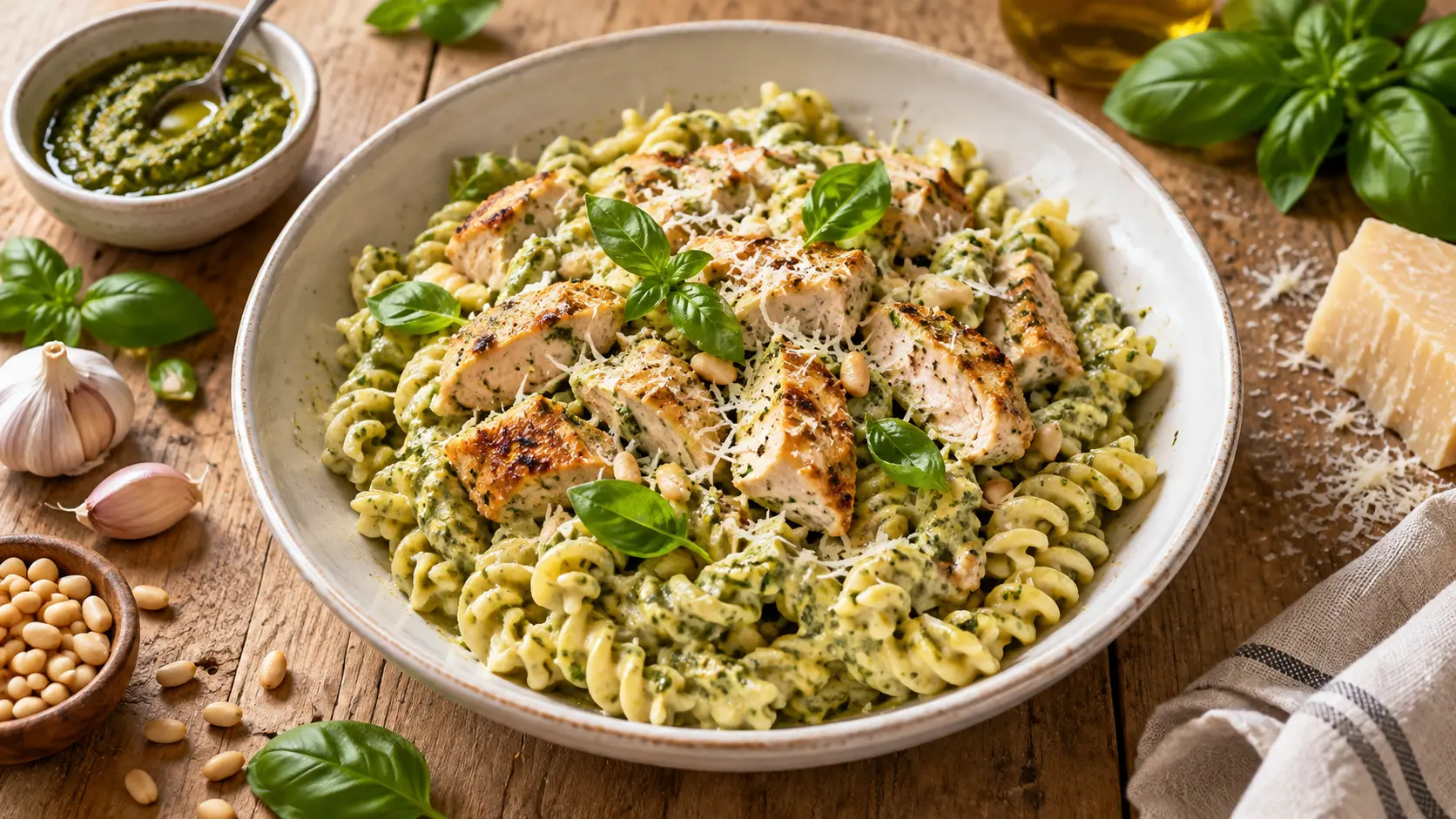 Creamy chicken pesto pasta with tender chicken pieces, basil pesto sauce, parmesan cheese, and penne pasta served in a bowl