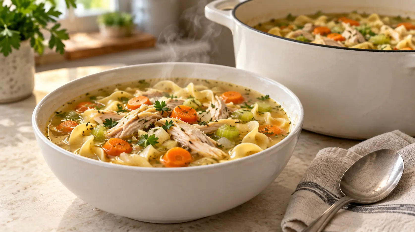 A bowl of classic chicken noodle soup with shredded chicken, wide egg noodles, carrots, celery, and parsley in golden broth.