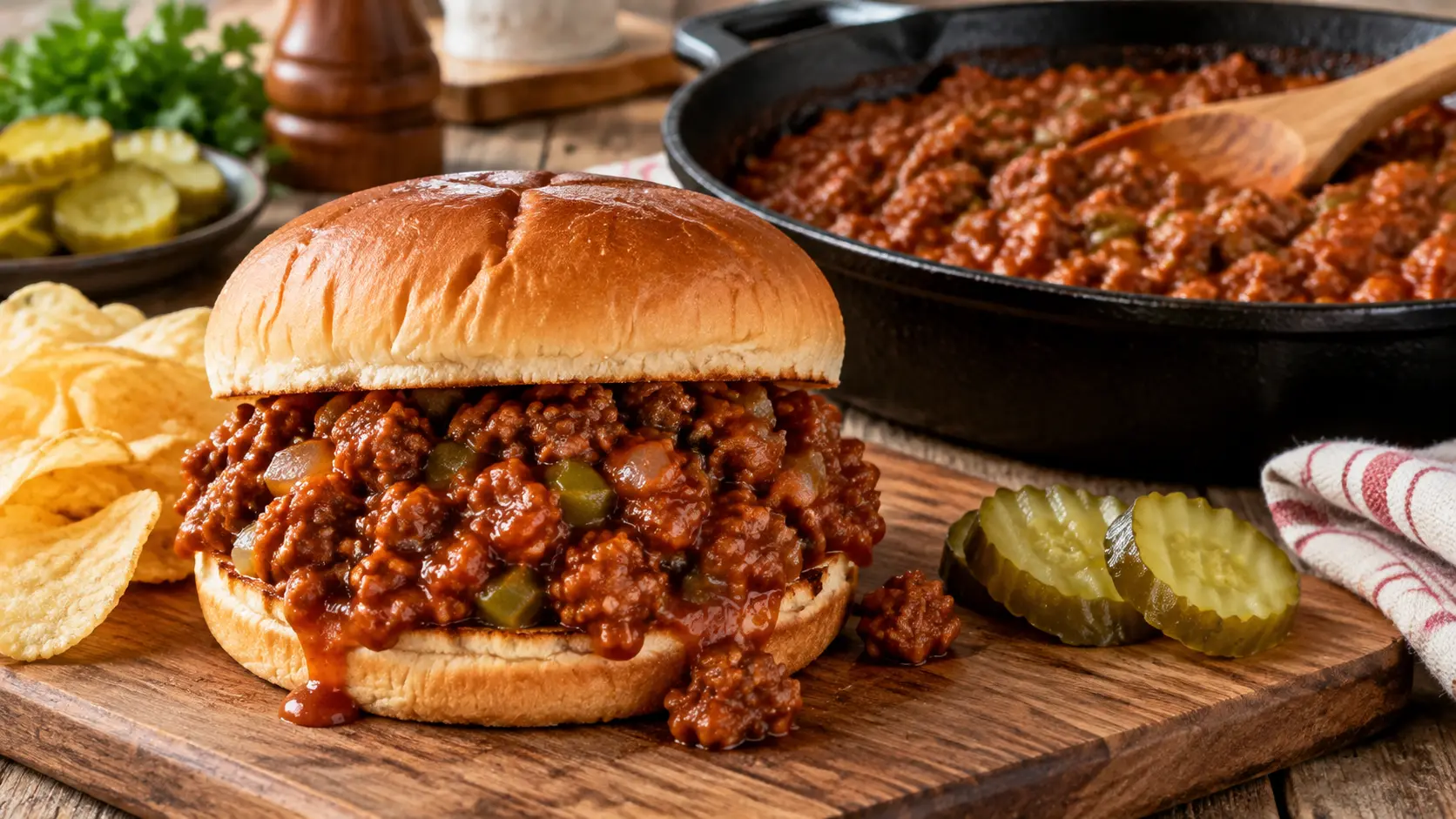 Classic homemade Sloppy Joe sandwich with thick ground beef filling on a toasted bun beside a skillet of saucy Sloppy Joe mixture.