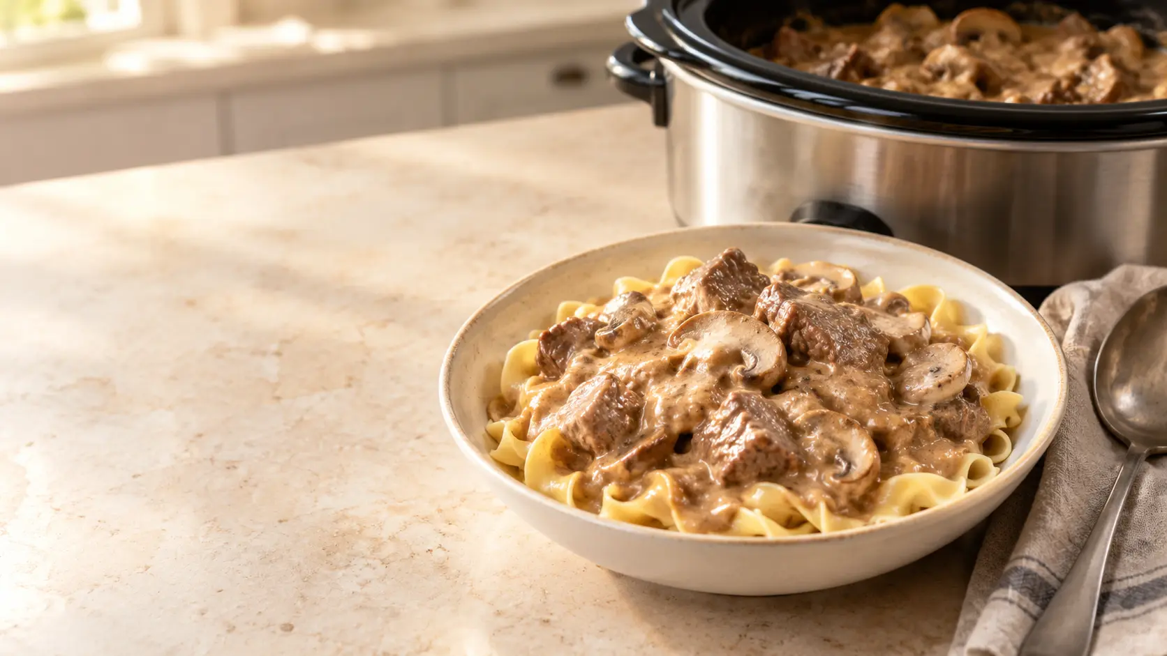 Crockpot beef stroganoff with tender beef and mushrooms in a creamy sauce served over egg noodles.
