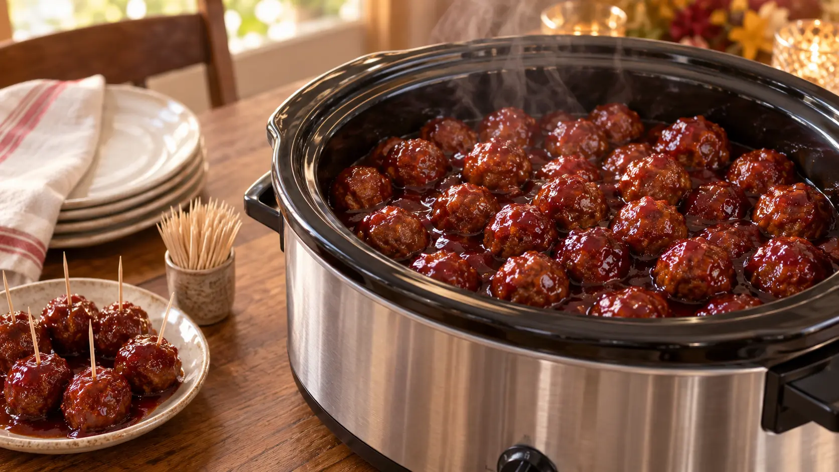 Crockpot grape jelly meatballs coated in a glossy sweet-and-tangy sauce and served as a party appetizer