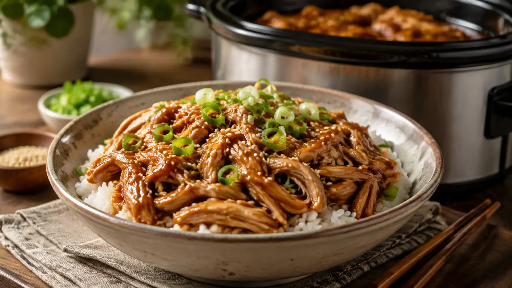 Crockpot teriyaki chicken served over rice with glossy teriyaki sauce, sesame seeds, and green onions