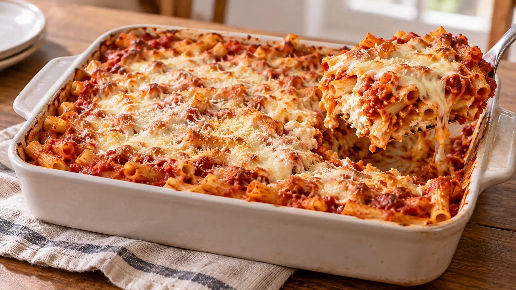 Easy baked ziti with tomato sauce and melted cheese served from a white casserole dish