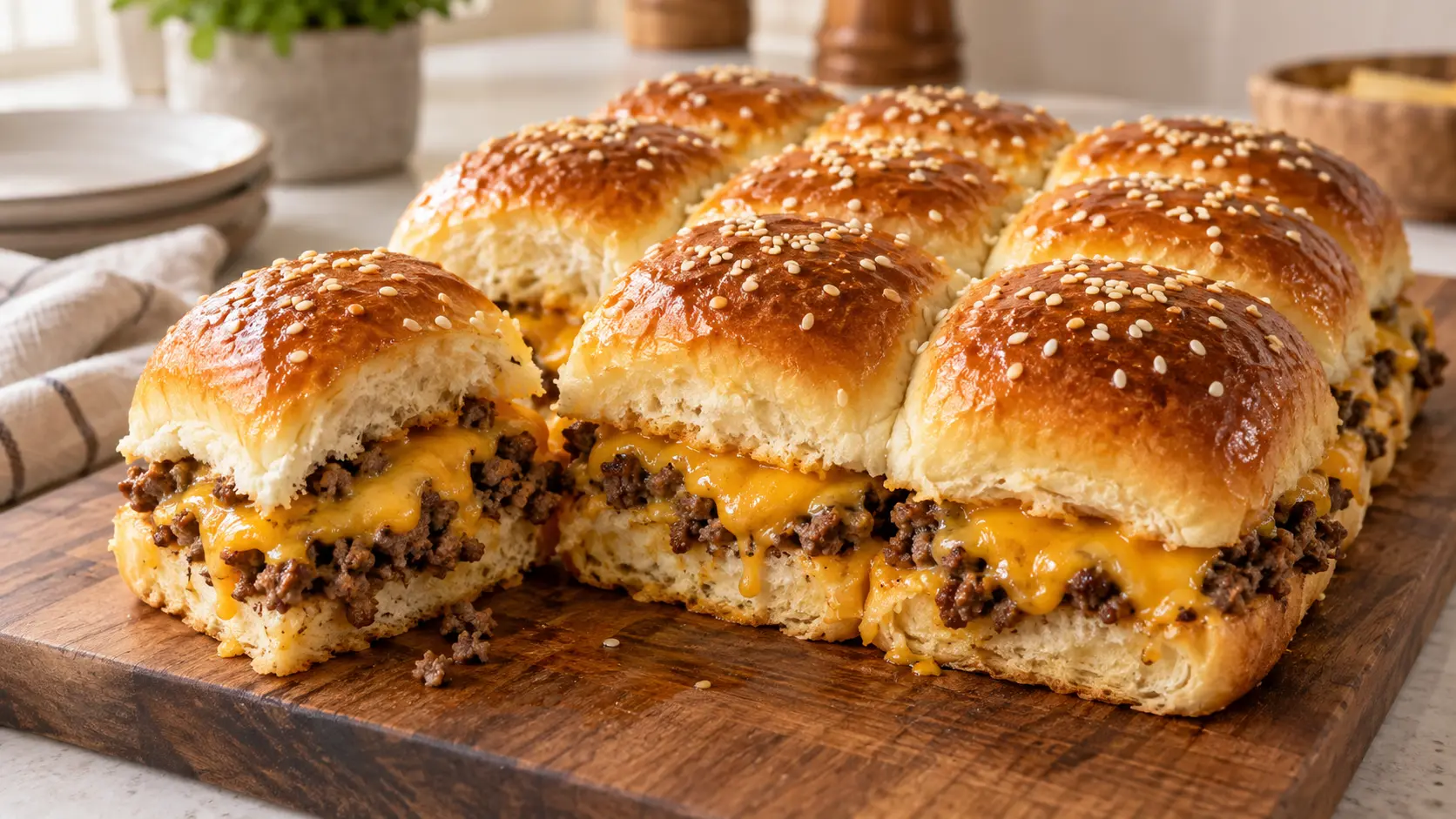Golden baked cheeseburger sliders filled with seasoned ground beef and melted cheddar cheese on soft sesame-topped rolls.