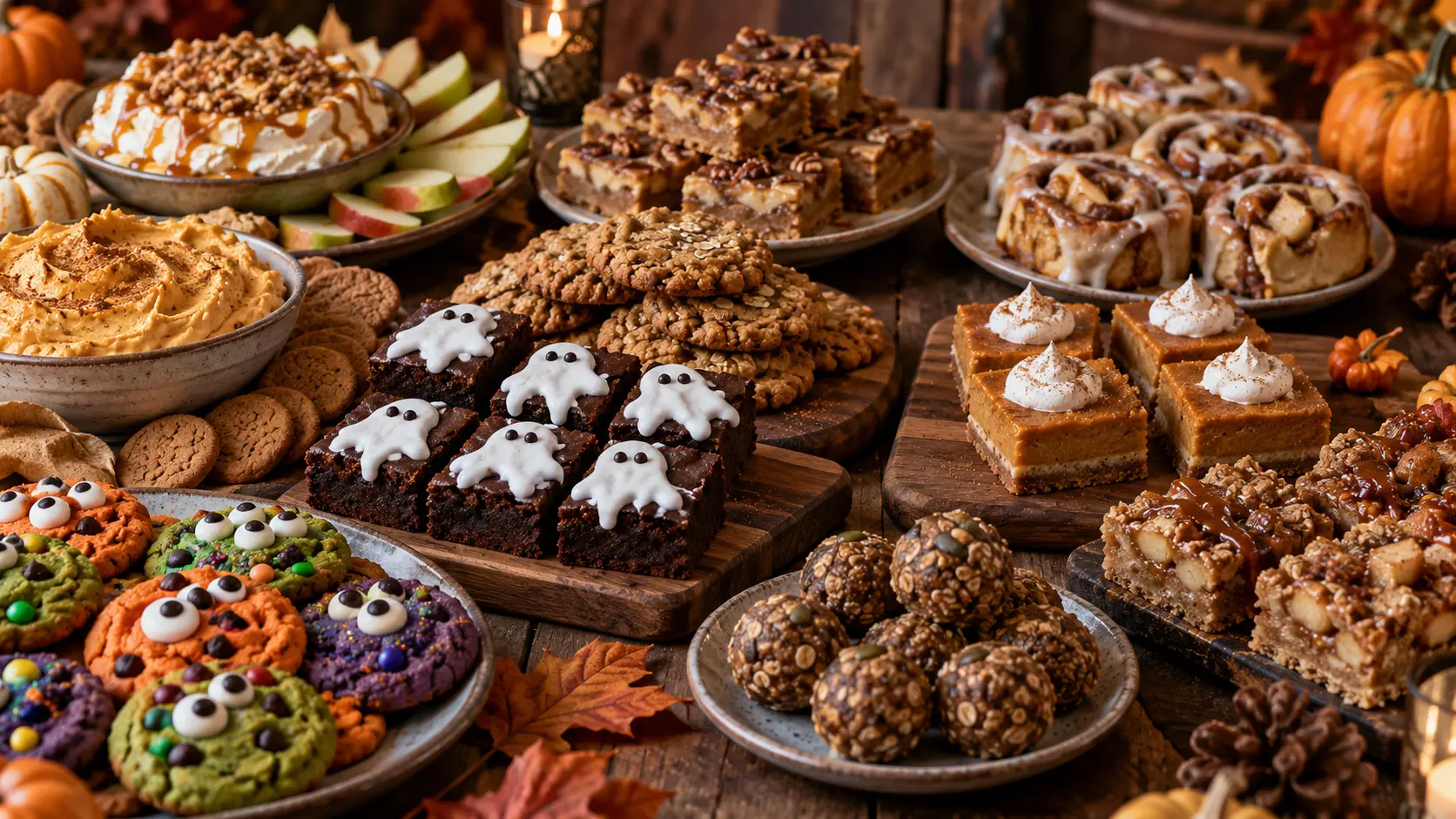 A Halloween dessert table featuring monster cookies, ghost brownies, pumpkin cheesecake dip, caramel apple cheesecake dip, pumpkin cookies, dessert bars, and no-bake treats for parties