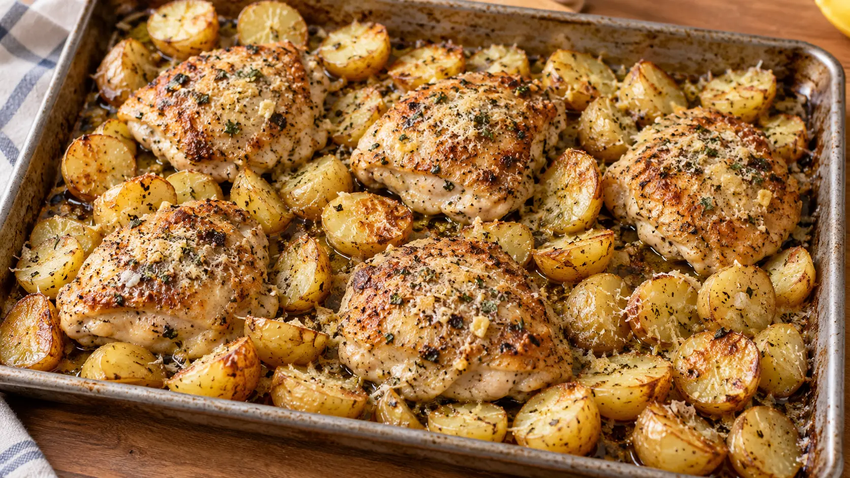 “Garlic Parmesan chicken thighs with golden roasted baby potatoes on a sheet pan.”