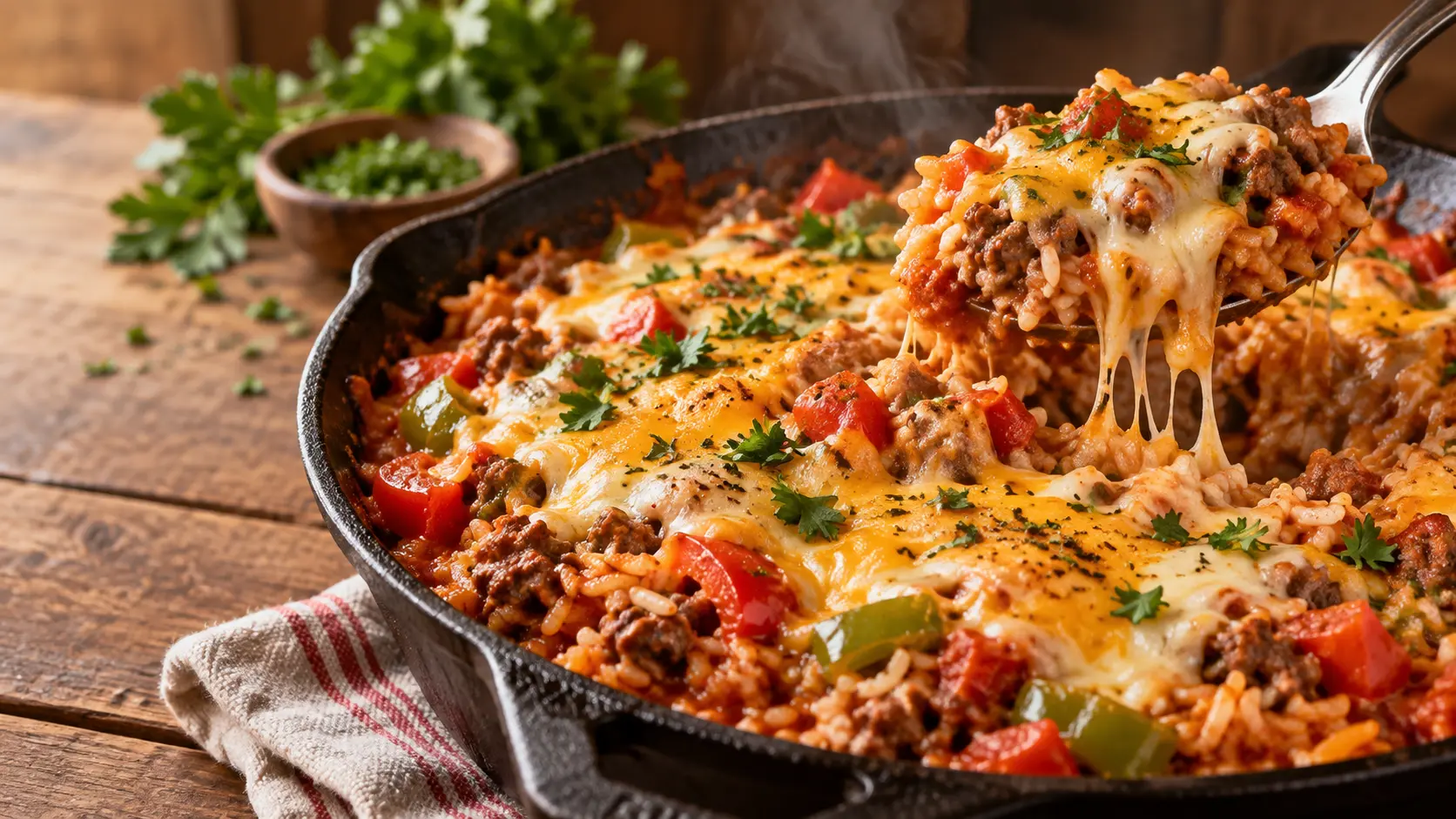 Ground beef stuffed pepper skillet with rice, bell peppers, tomato sauce, and melted cheese in a cast iron pan
