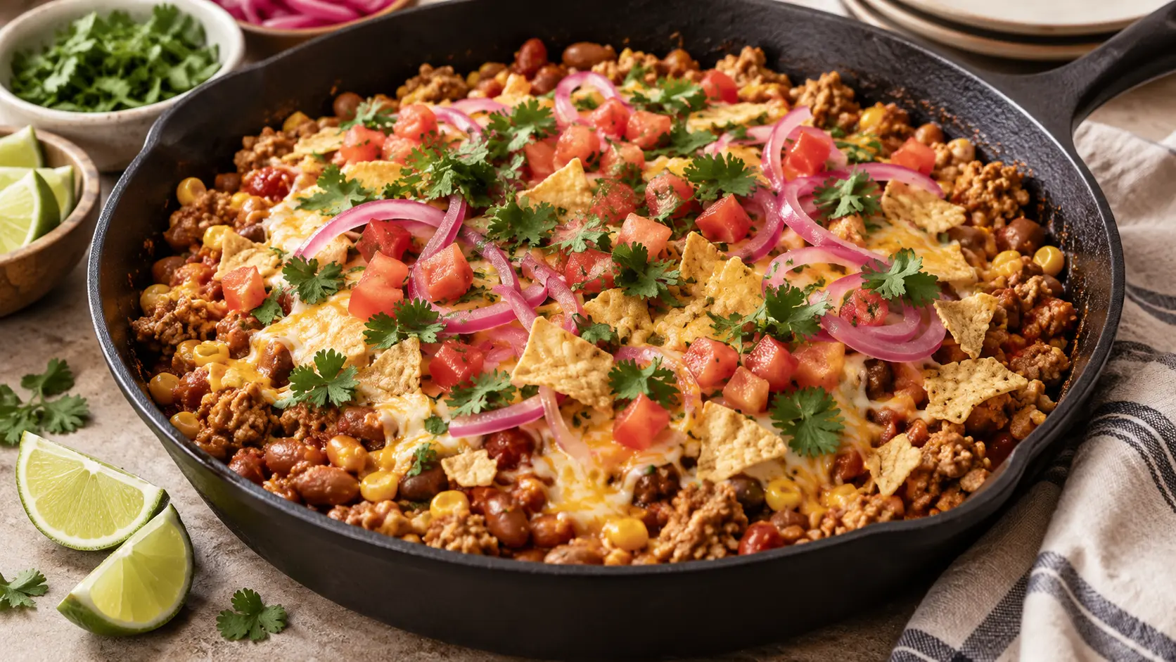 Ground turkey taco skillet with pinto beans, corn, melted cheese, tortilla chips, tomatoes, cilantro, and pickled red onions.