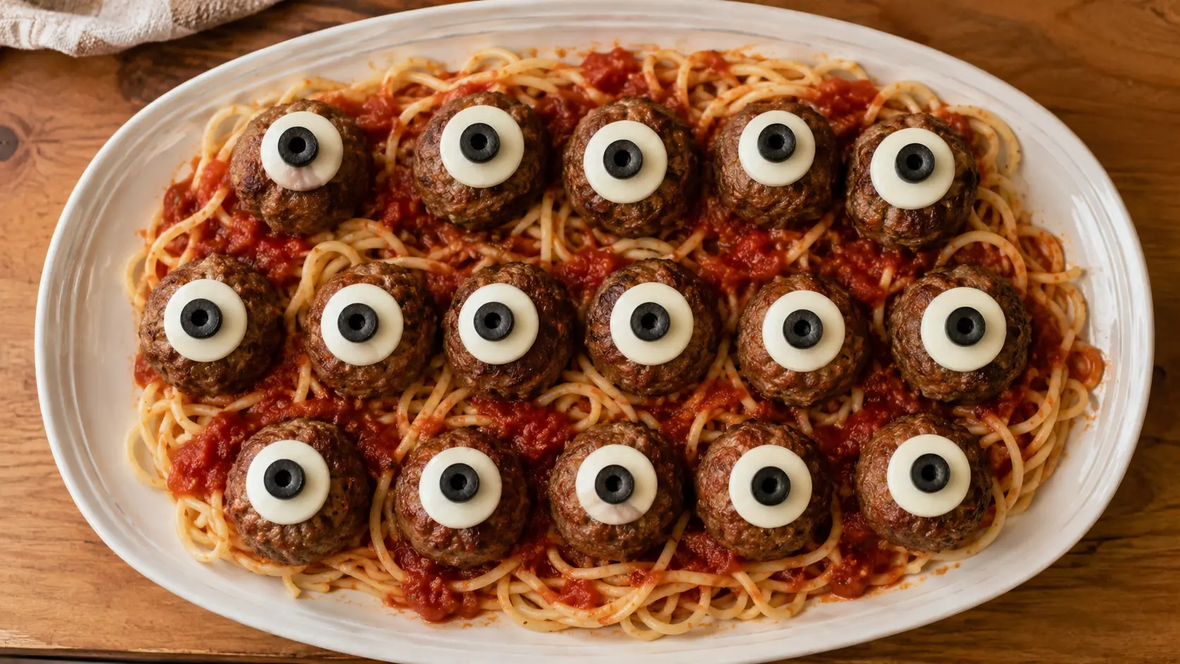 Halloween meatball eyeballs with string cheese and black olive pupils served over spaghetti with tomato sauce