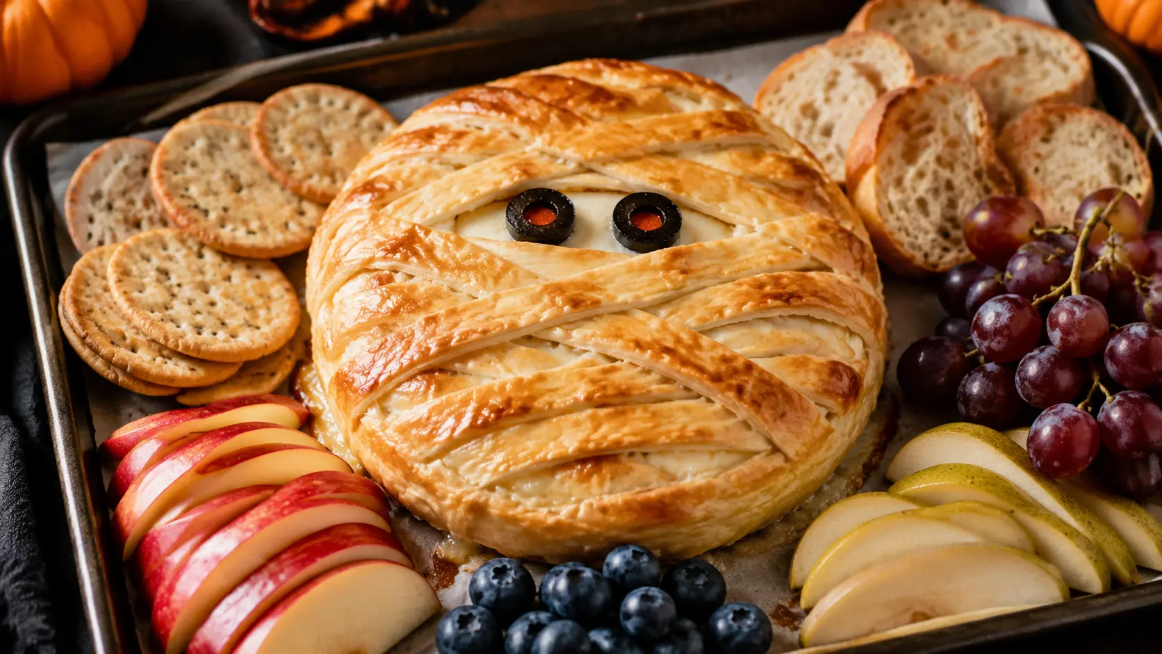 Golden puff pastry mummy Brie with olive and pepperoni eyes served with crackers and fresh fruit