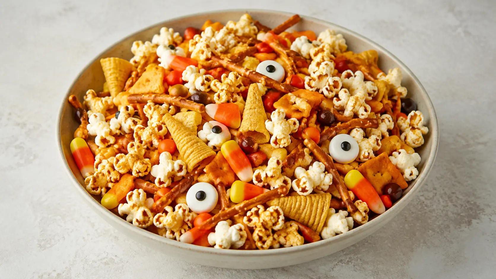 Halloween snack mix with Bugles, popcorn, pretzels, cheese crackers, candy corn, Reese’s Pieces, and candy eyeballs in a serving bowl