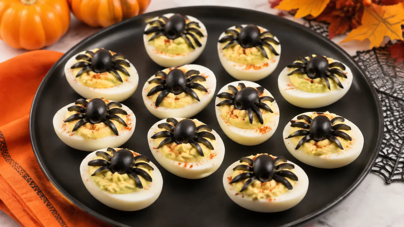 Halloween spider deviled eggs topped with black olive spiders on a black serving platter