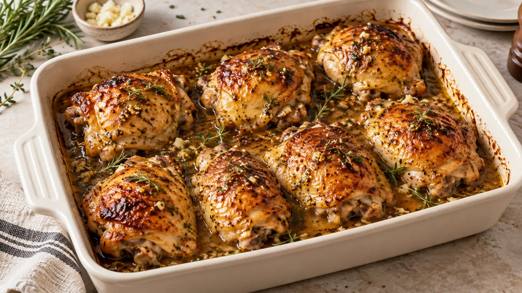 Baked honey mustard chicken thighs with a golden glaze in a white baking dish.