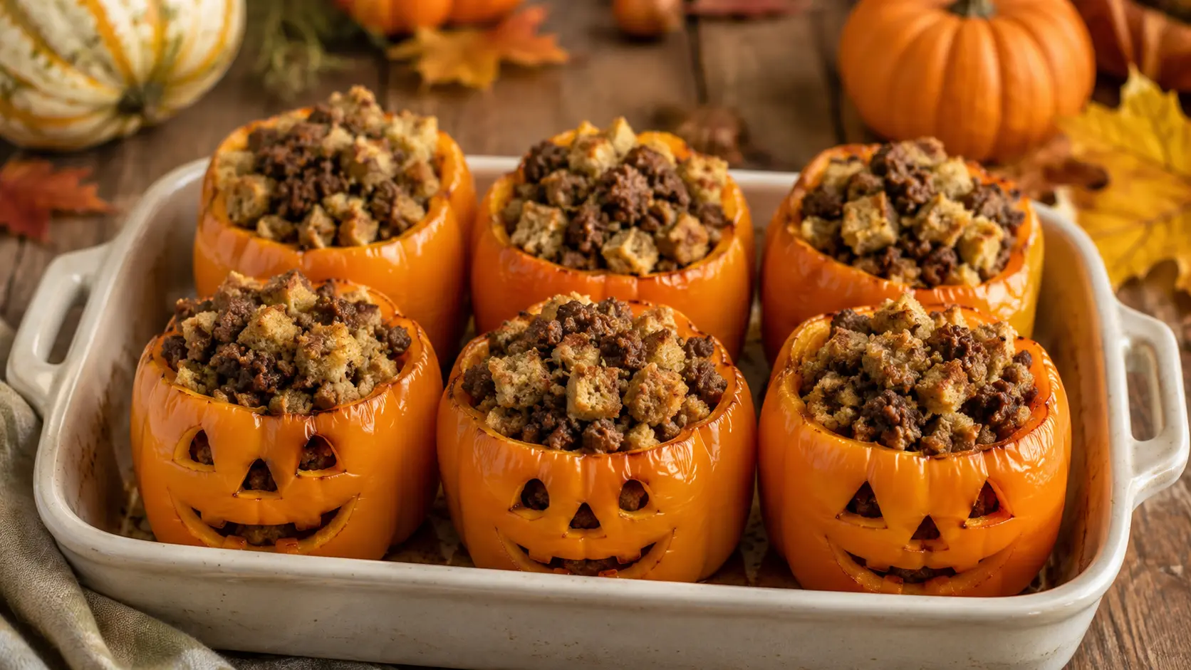 Jack-o’-Lantern Halloween stuffed peppers filled with savory ground beef and whole-wheat bread stuffing