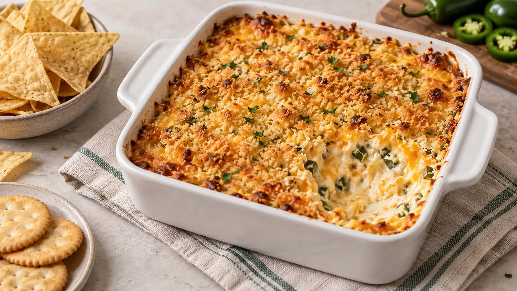 Baked jalapeno popper dip with creamy cheese filling and a golden Parmesan-panko topping, served with tortilla chips and crackers.