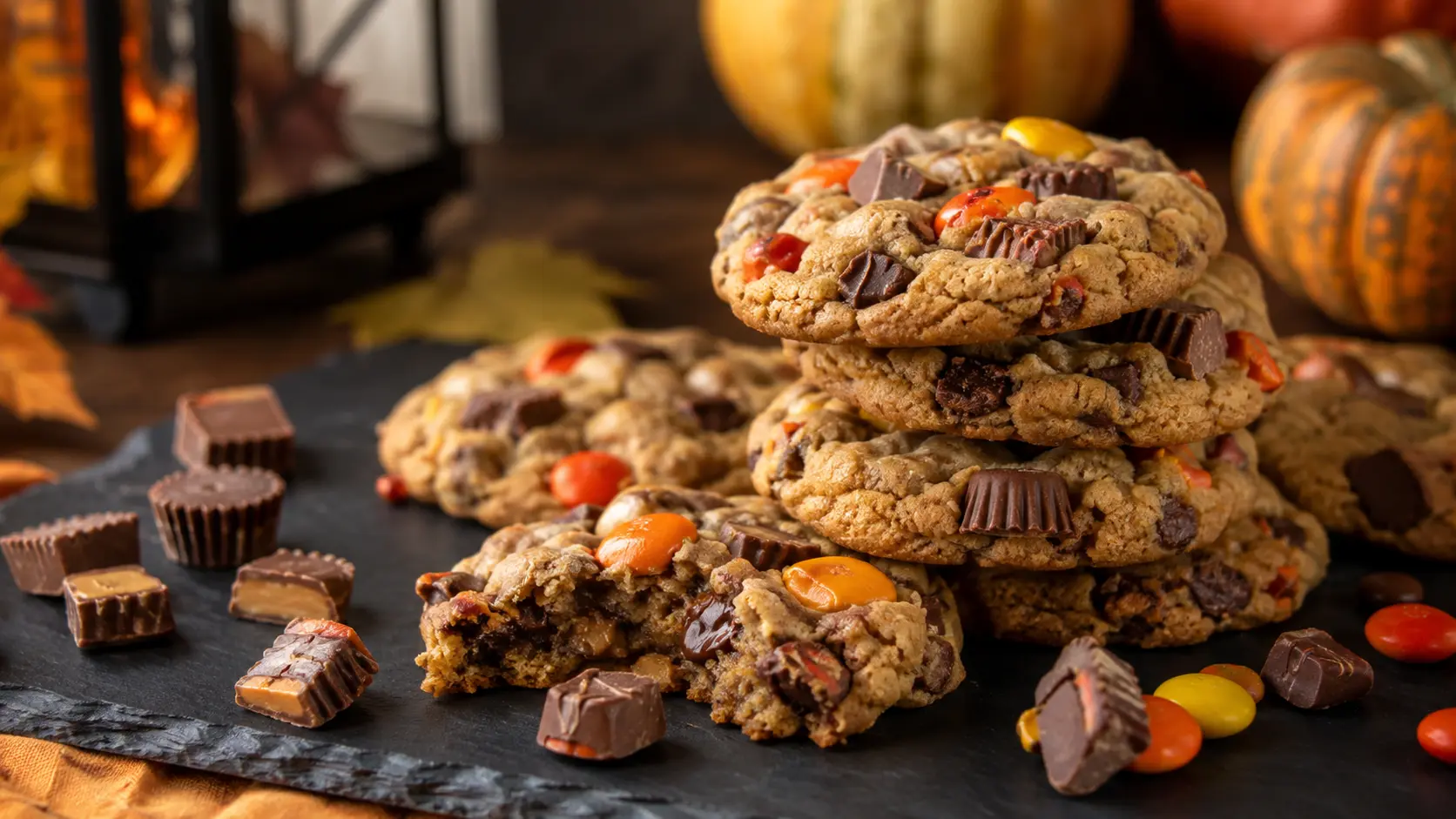 Leftover Halloween candy cookies stacked on a slate board with chopped chocolate candy pieces and pumpkins in the background