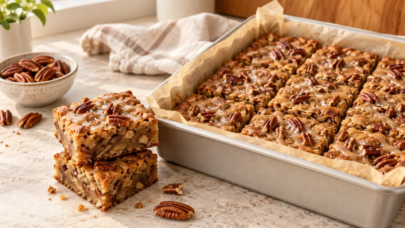 Homemade maple pecan blondies with toasted pecans and maple glaze in a parchment-lined baking pan.
