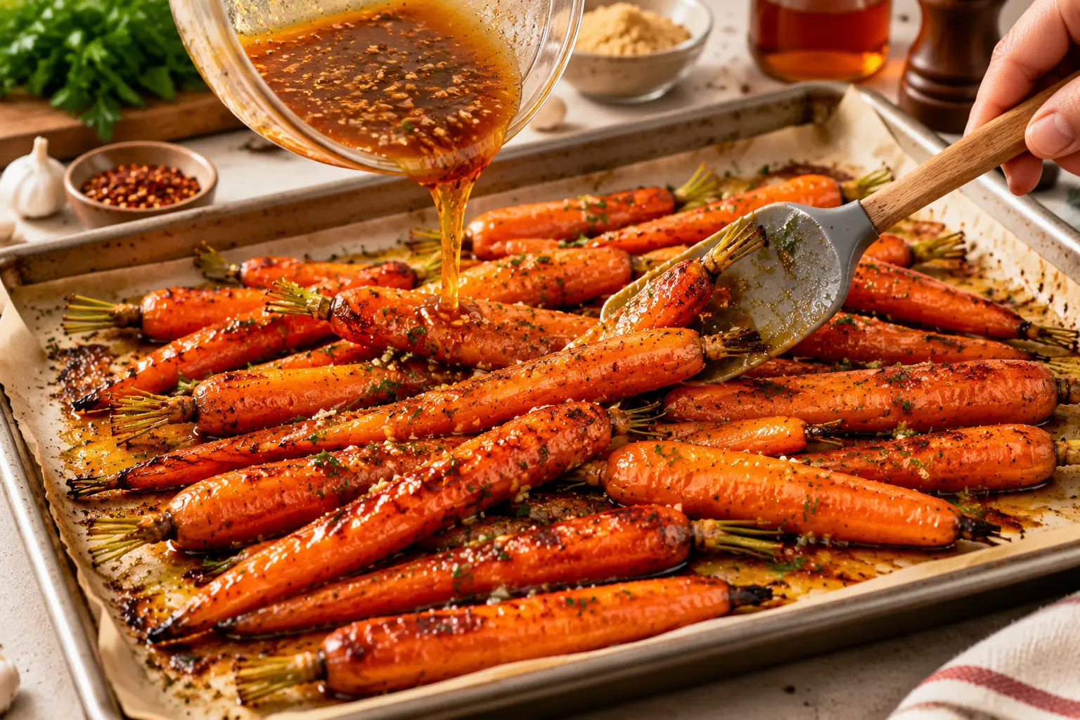 Maple roasted carrots with a glossy maple glaze, caramelized edges, fresh parsley, and flaky sea salt on a ceramic platter