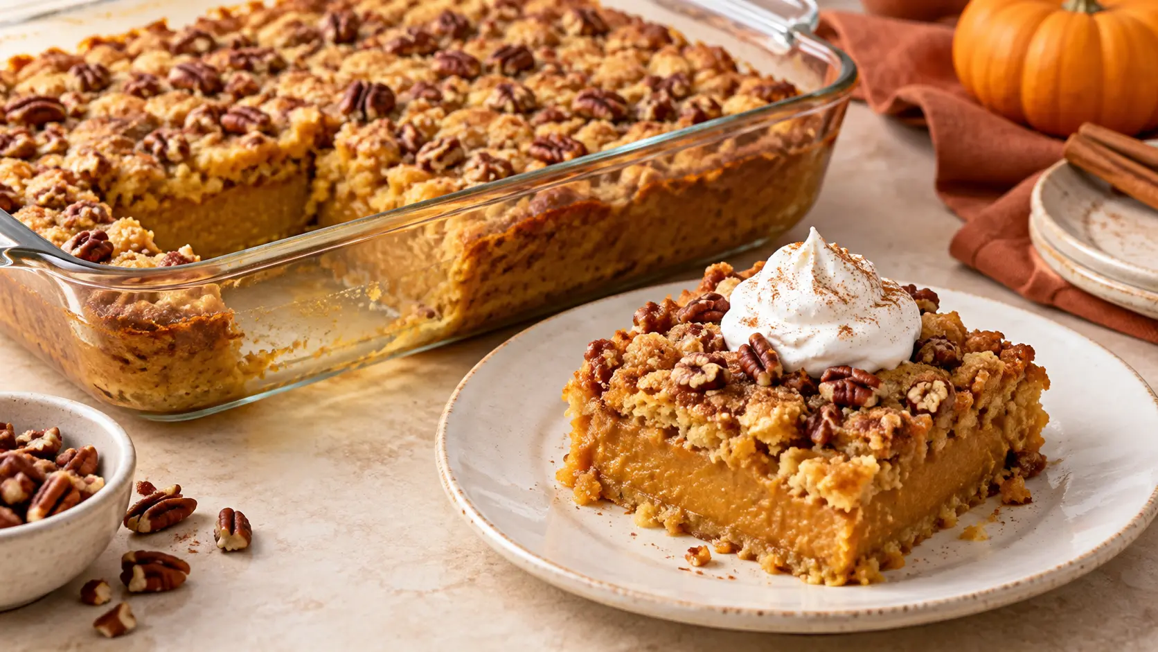 Pumpkin Dump Cake with a buttery golden pecan topping and soft pumpkin-spiced center.