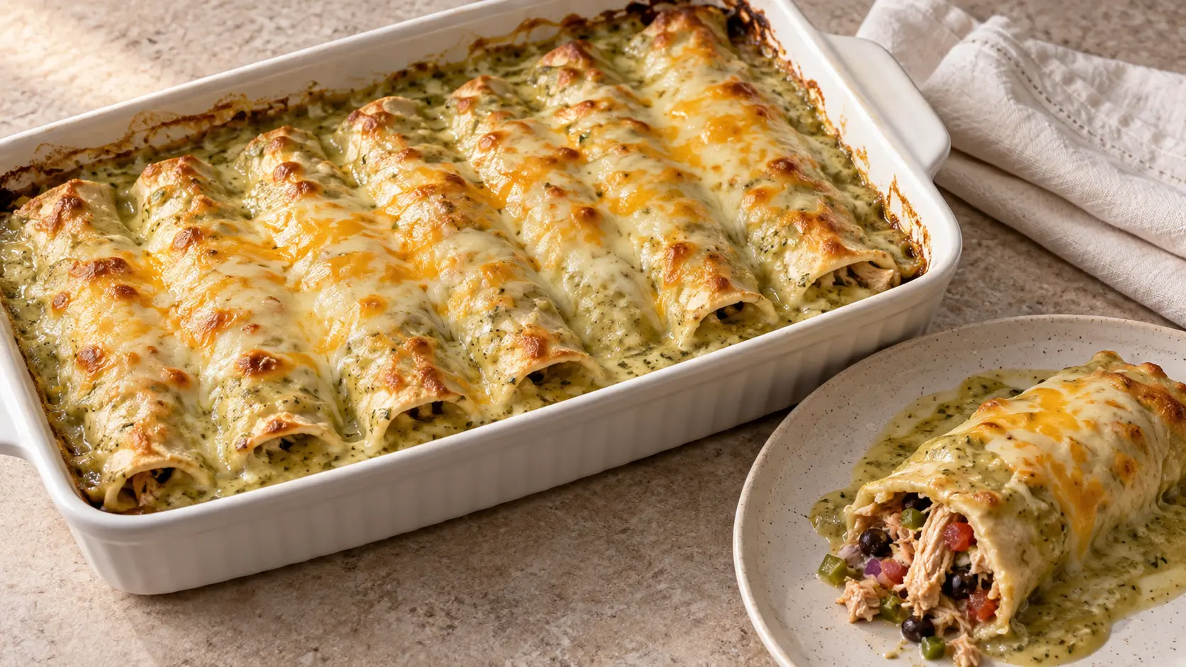 Creamy salsa verde rotisserie chicken enchiladas topped with melted Monterey Jack and cheddar cheese.