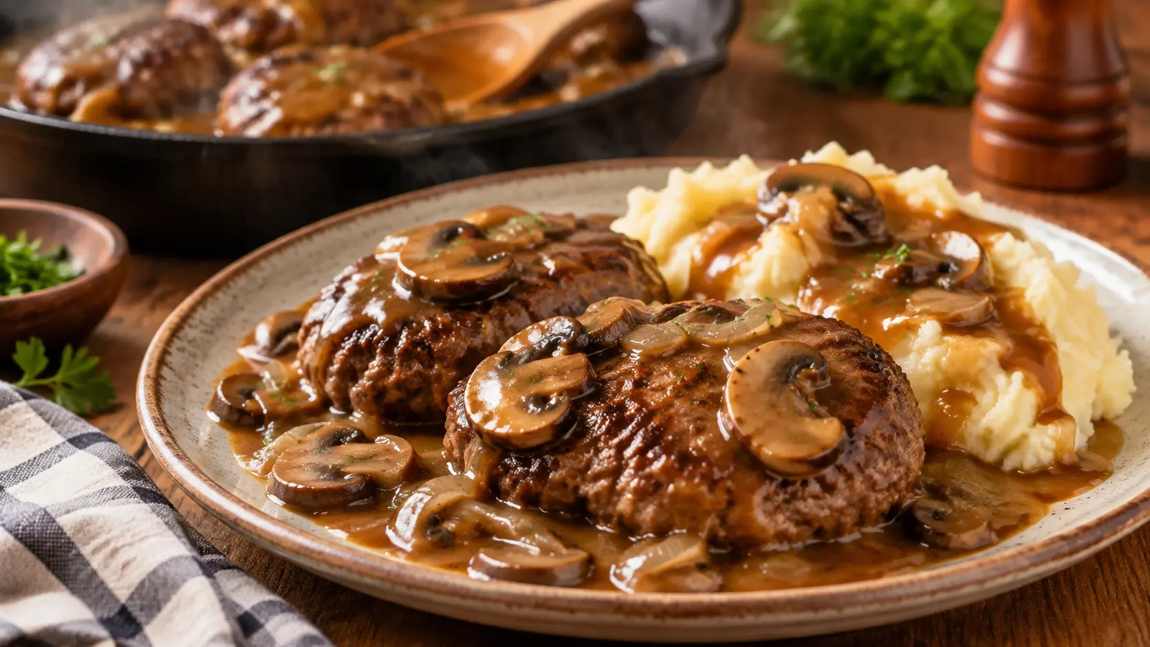Classic Salisbury Steak with Mushroom Gravy served with creamy mashed potatoes, tender beef patties, and rich brown mushroom sauce in a cozy homemade dinner setting.