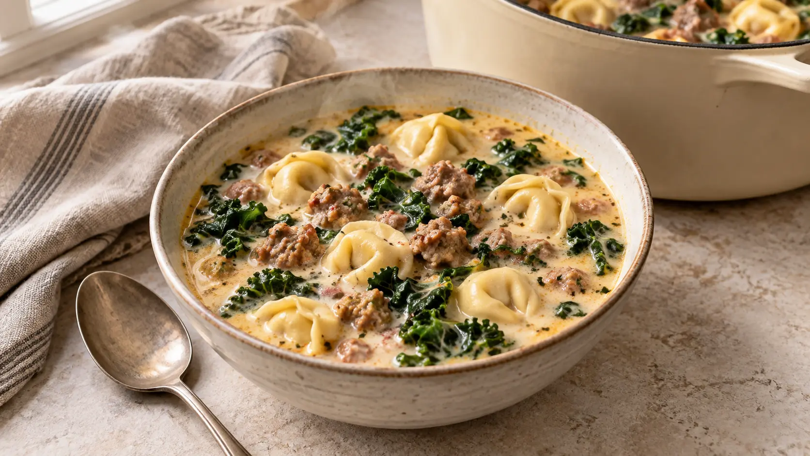 Creamy sausage tortellini soup with Italian sausage, cheese tortellini, and kale in a ceramic bowl.