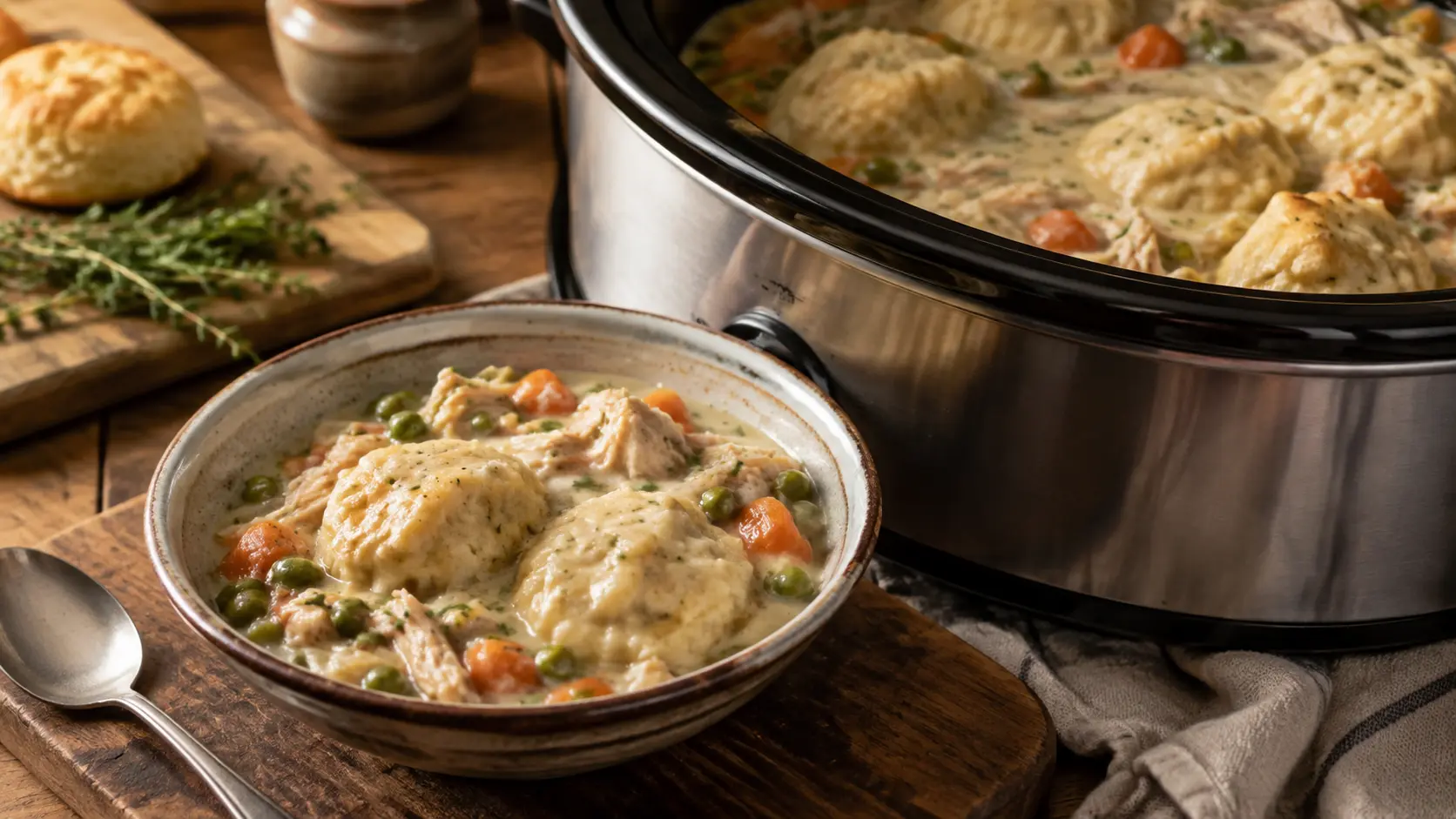A bowl of creamy slow cooker chicken and dumplings with tender shredded chicken, soft biscuit dumplings, peas, and carrots beside a crockpot