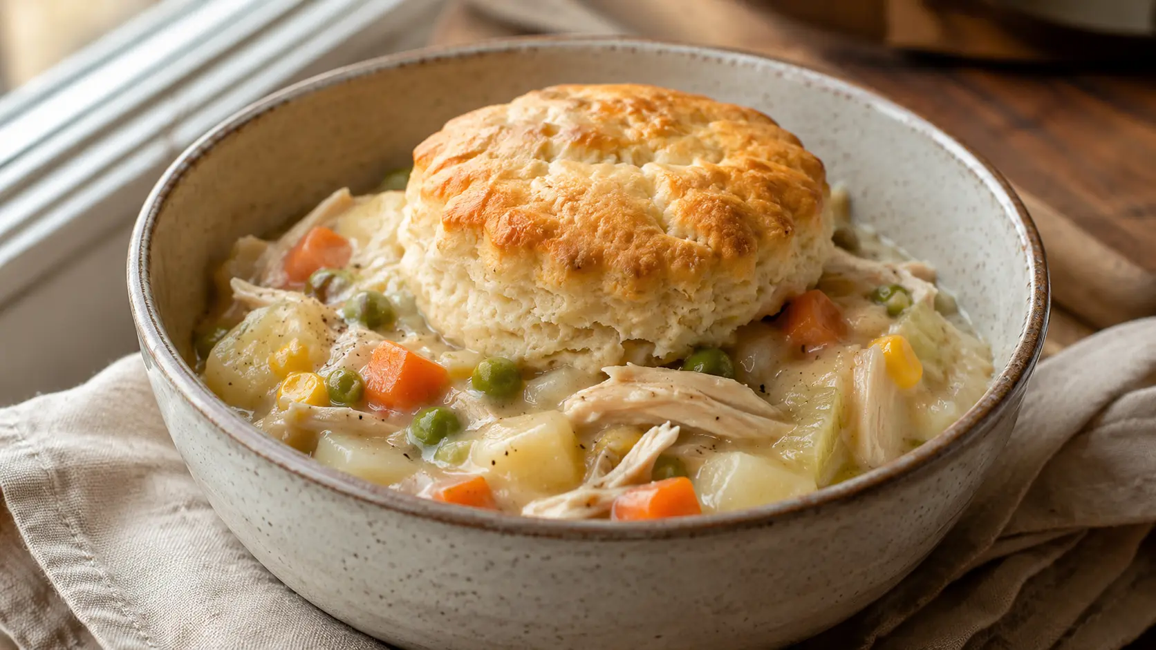 Slow Cooker Chicken Pot Pie: An Easy Slow-Cooker Dinner with creamy chicken filling and a golden biscuit topping