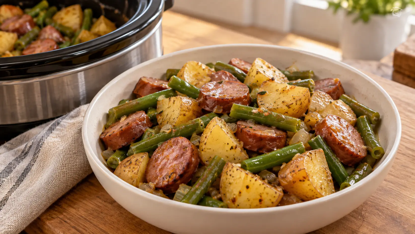 Slow cooker kielbasa with tender gold potatoes and green beans served in a bowl.